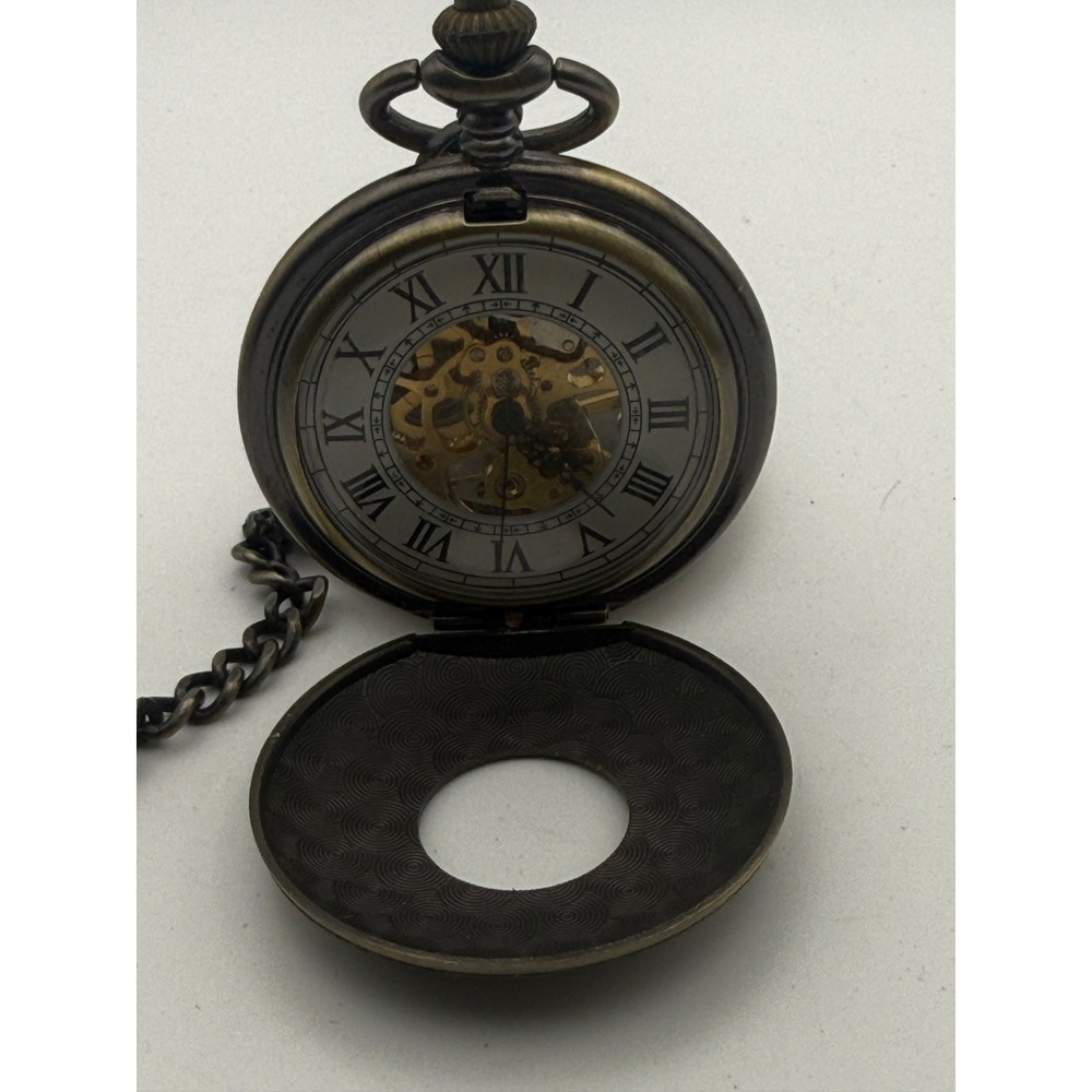 Vintage Skeleton Mechanical Pocket Watch Bronze Roman Numeral Steampunk Chain